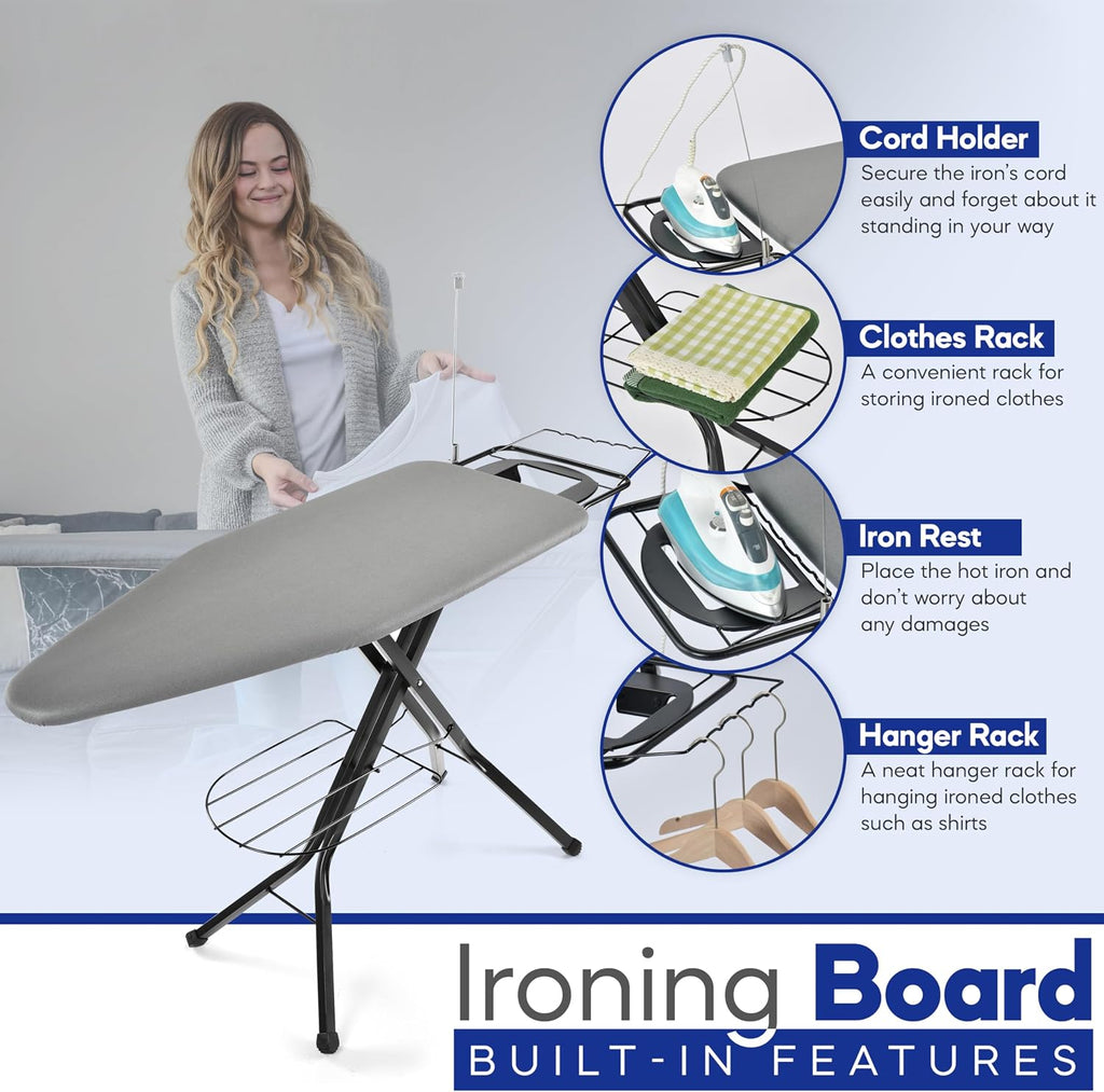 BKTD Extra-Wide Ironing Board – 48"×18" Large Surface (57" w/Iron Rest) • Built-in Clothes Rack, Hanger & Cord Holder • Heat-Resistant Cover • Heavy-Duty, No Wobble • Adjustable Height • Black Grey.