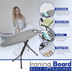 BKTD Extra-Wide Ironing Board – 48"×18" Large Surface (57" w/Iron Rest) • Built-in Clothes Rack, Hanger & Cord Holder • Heat-Resistant Cover • Heavy-Duty, No Wobble • Adjustable Height • Black Grey.