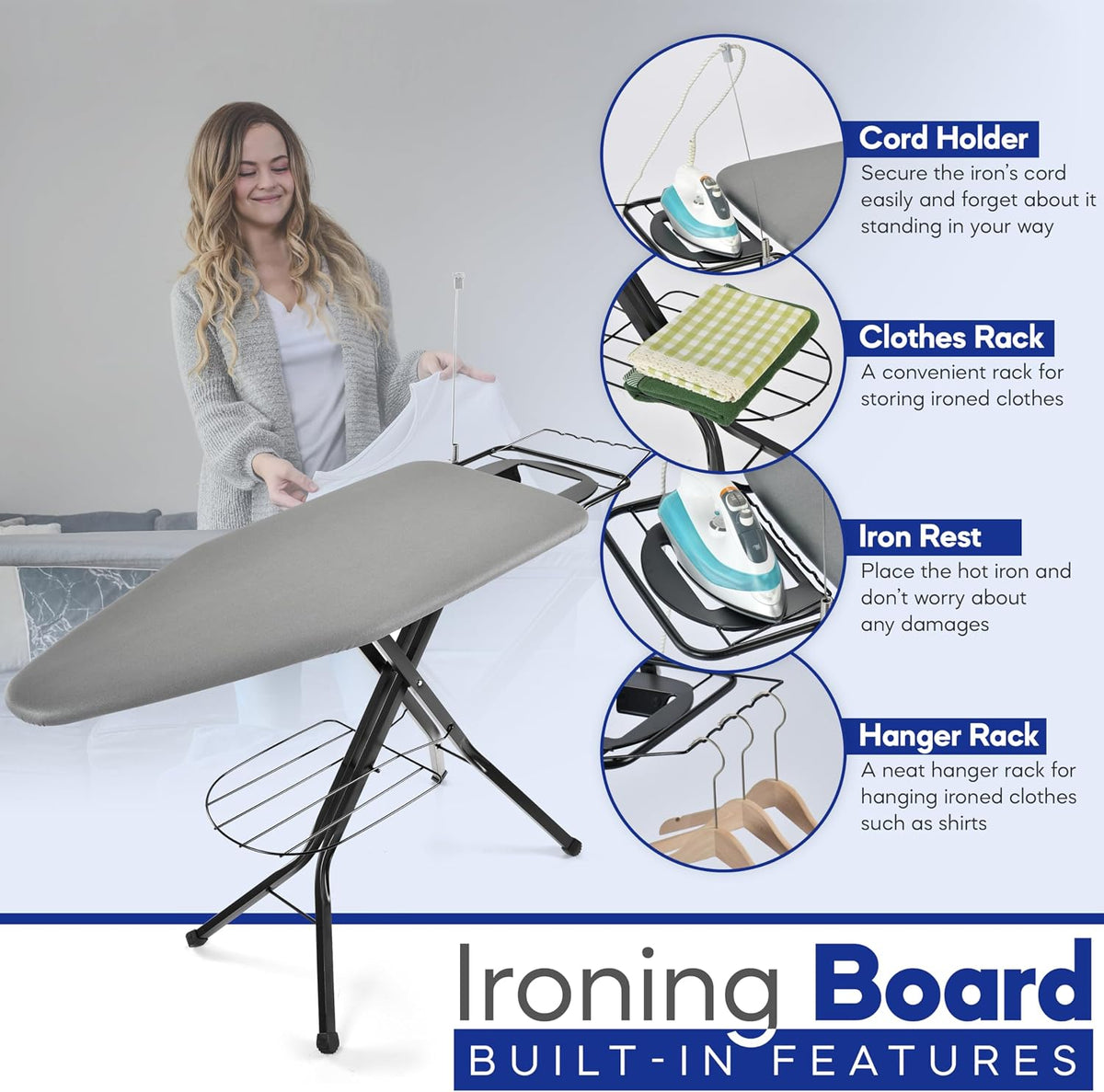 BKTD Extra-Wide Ironing Board – 48"×18" Large Surface (57" w/Iron Rest) • Built-in Clothes Rack, Hanger & Cord Holder • Heat-Resistant Cover • Heavy-Duty, No Wobble • Adjustable Height • Black Grey.