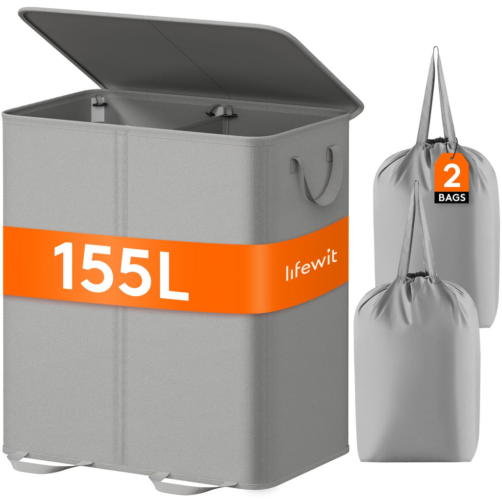Lifewit Double Laundry Hamper with Lid, Removable Laundry Bags, Beige