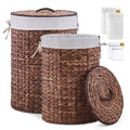 Round Water Hyacinth Laundry Hamper with Lid Handwoven Wicker Basket with Handles for Dirty Clothes, Storage, and Organization Ideal for Bedroom, Bathroom, and Laundry Room, No Assembly Required, 60L