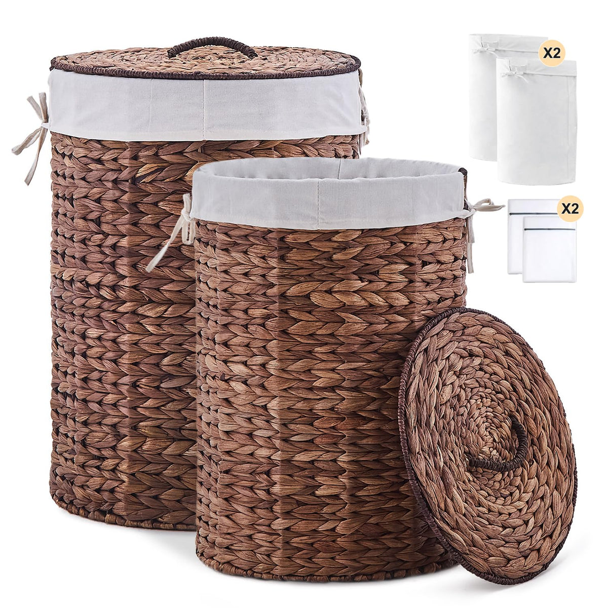 Round Water Hyacinth Laundry Hamper with Lid Handwoven Wicker Basket with Handles for Dirty Clothes, Storage, and Organization Ideal for Bedroom, Bathroom, and Laundry Room, No Assembly Required, 60L