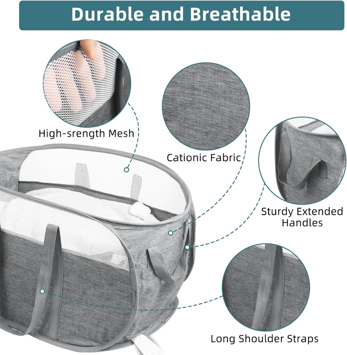Collapsible Laundry Baskets, Tear Proof Pop Up Laundry Hamper with Dual Handles, Durable Foldable Laundry Basket, Easy to Carry Laundry Hamper for Home, Laundry Room, Bedroom, Dorm, Travel Grey