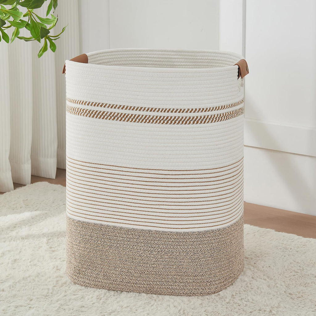 Large Laundry Hamper Basket, 85L Cotton Rope Woven Storage Bin for Blankets, Dirty Clothes Toys, Decorative Tall Basket with Leather Handles for Living Room, Bedroom, Bathroom, Nursery, Jute