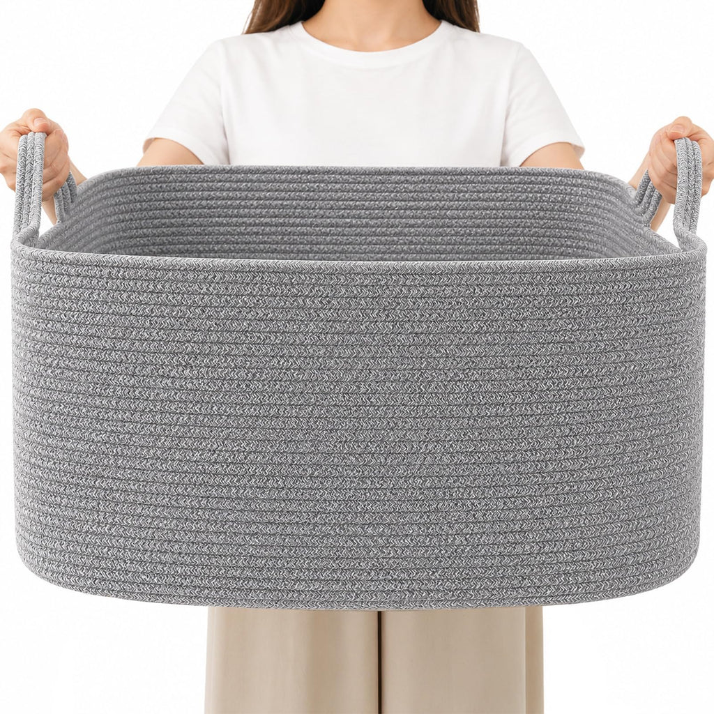 65L Laundry Basket with Handles, Woven Blanket Basket, White/Brown