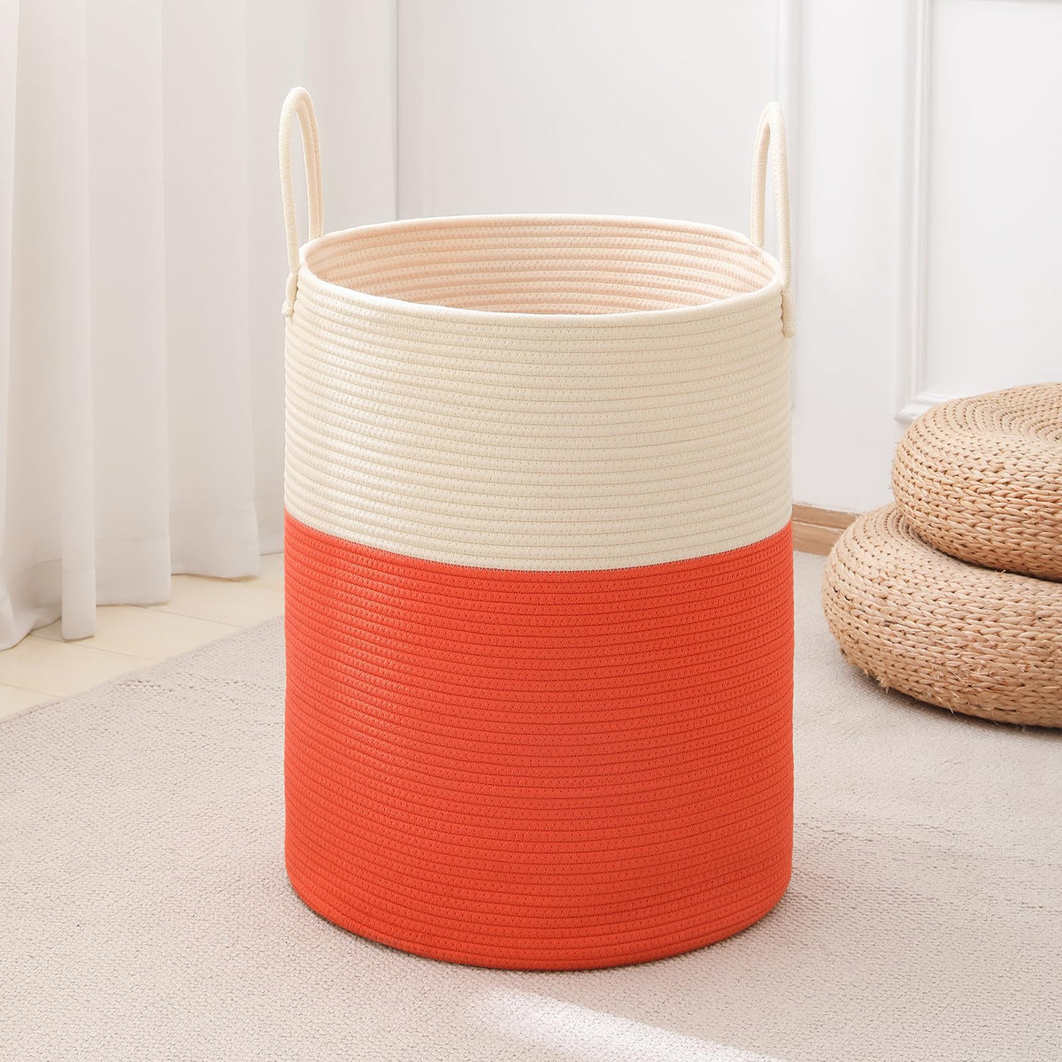 Laundry Basket Hamper Tall Rope Storage Woven for Blanket Toys Dirty Clothes in Living Room Bathroom Bedroom White & Brown 60L/15.8Gal