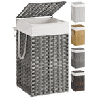 SONGMICS Laundry Hamper with Lid, 17.2 Gallon (65 L) Synthetic Rattan Clothes Laundry Basket with Lid and Handles, Foldable, Removable Liner, Goose Yellow ULCB165N01