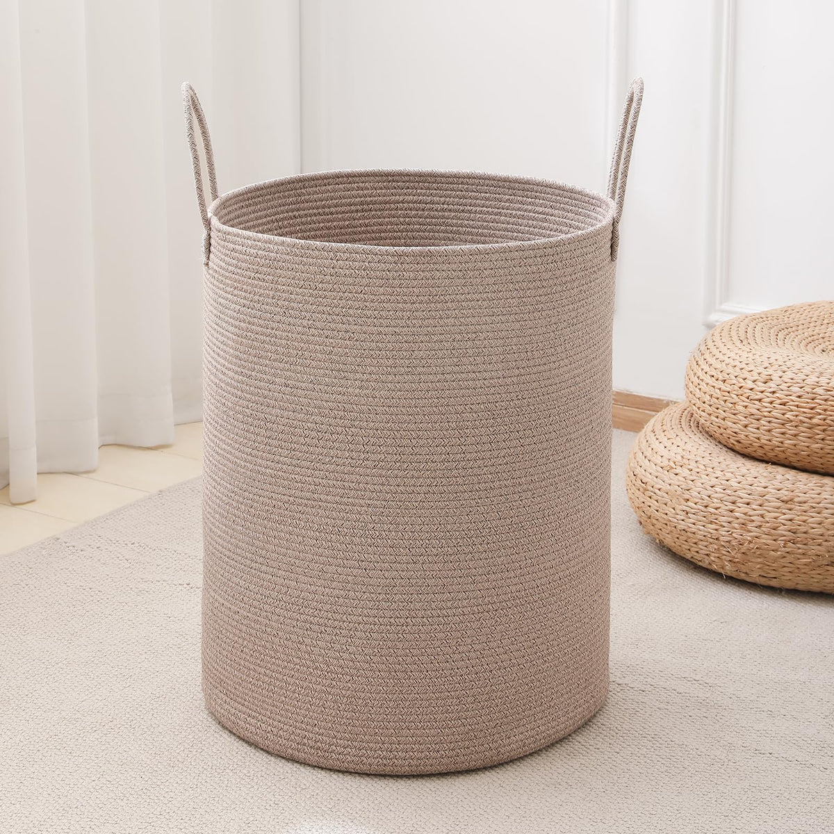 Laundry Basket Hamper Tall Rope Storage Woven for Blanket Toys Dirty Clothes in Living Room Bathroom Bedroom White & Brown 60L/15.8Gal