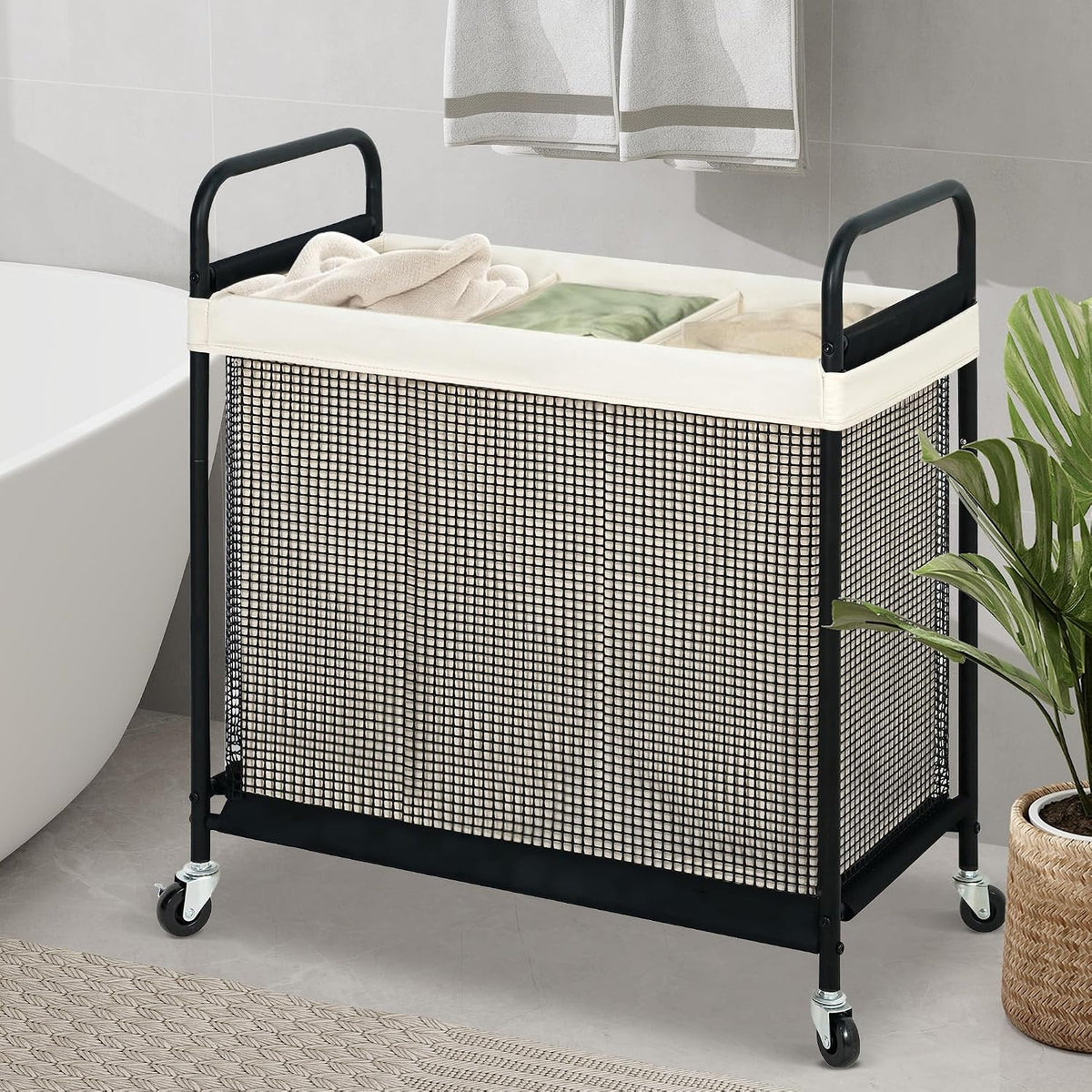 STO STO Laundry Hamper 3 Section, 120L Rolling Laundry Sorter Cart with Removable and Washable Liner Bag, Clothes Hamper with Wheels and Metal Handle for Laundry Room and Bedroom