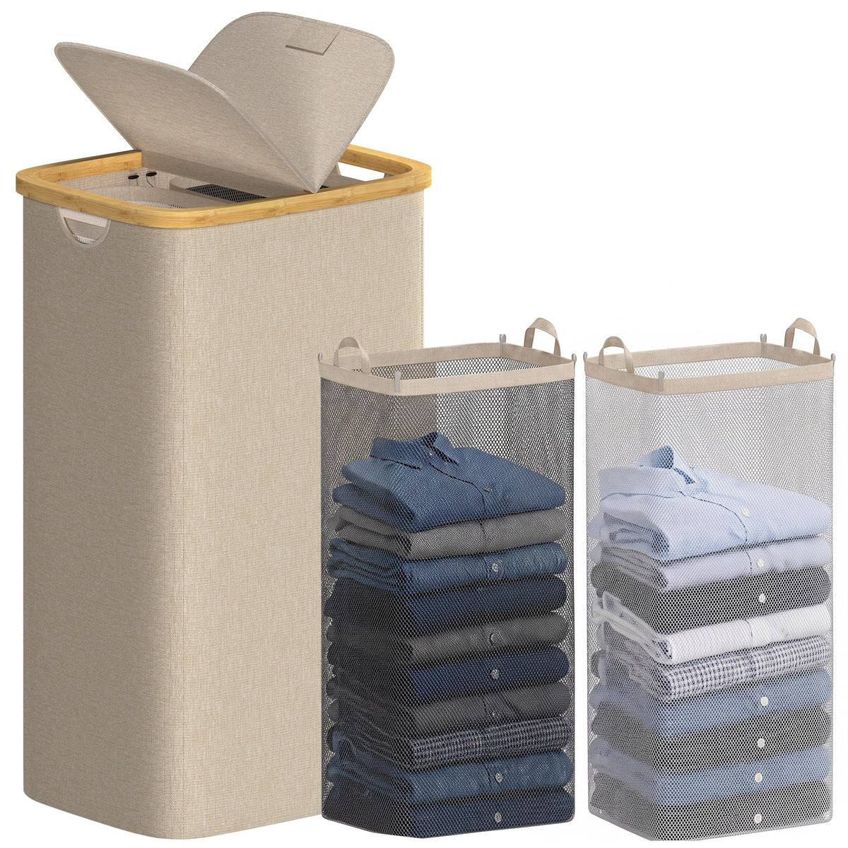 efluky Double Laundry Hamper with Lid and 2 Removable Bags, Beige