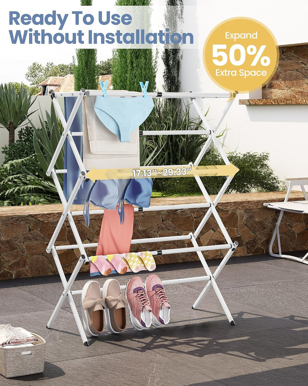 APEXCHASER Oversize 3-Tier Clothes Drying Rack, No Install, White