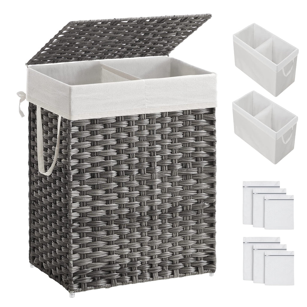 SONGMICS Laundry Hamper with Lid, 130L Double Wicker Basket, 6 Mesh Bags