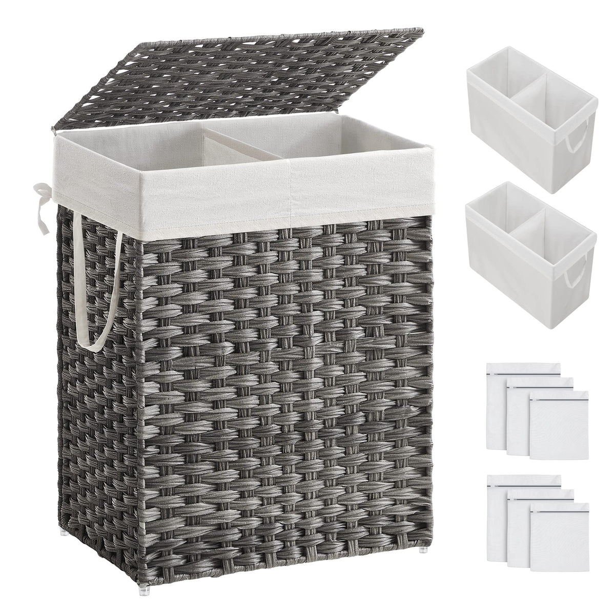 SONGMICS Laundry Hamper with Lid, 130L Double Wicker Basket, 6 Mesh Bags