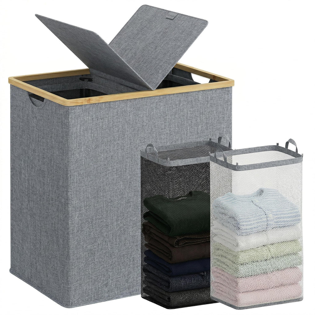 efluky Double Laundry Hamper with Lid and 2 Removable Bags, Beige