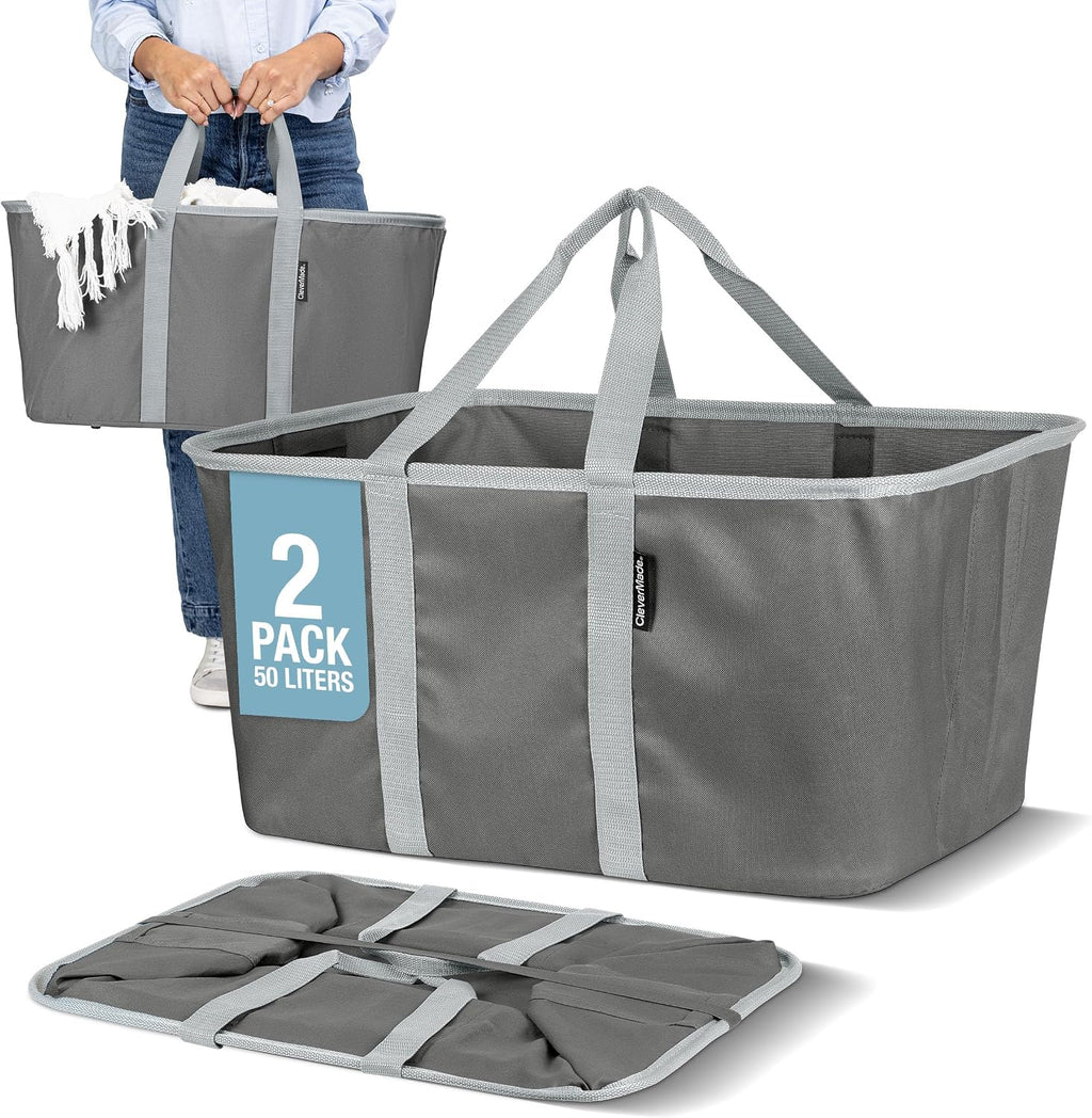 CleverMade Collapsible Laundry Baskets, 50L Tote 2 Pack, Charcoal