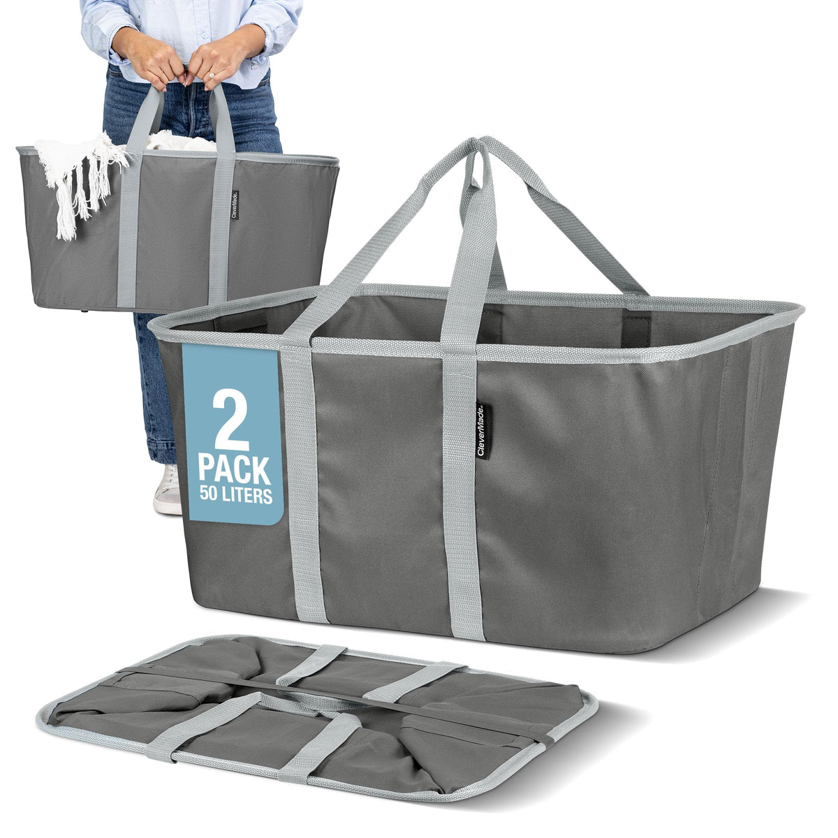 CleverMade Collapsible Laundry Baskets, 50L Tote 2 Pack, Charcoal