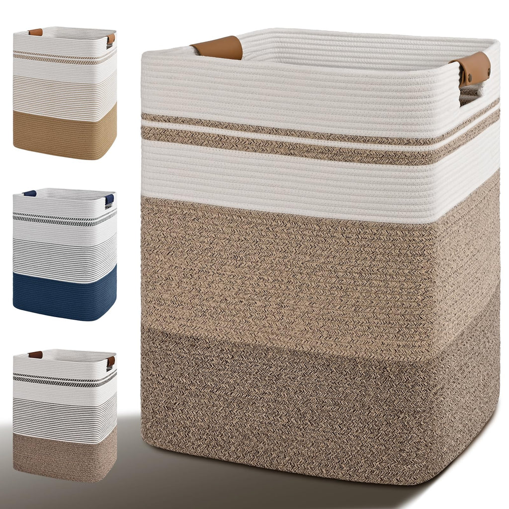 Laundry Hamper, 85L Tall Laundry Basket with Leather Handles, Rectangle Large Clothes Hamper for Organizing, Cotton Woven Laundry Baskets Storage Hampers for Bedroom, Nursery, Living Room