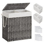 SONGMICS Laundry Hamper with Lid, 130L Double Wicker Basket, 6 Mesh Bags