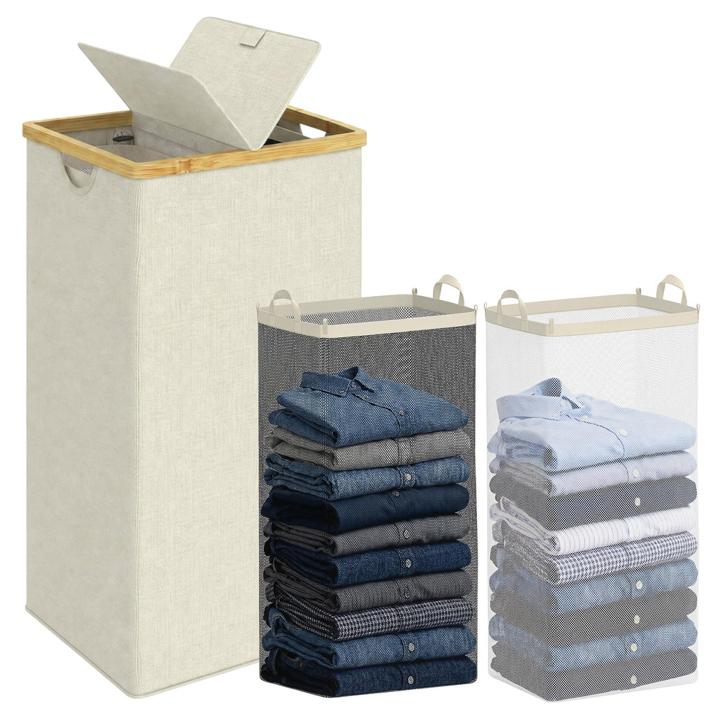 efluky Double Laundry Hamper with Lid and 2 Removable Bags, Beige