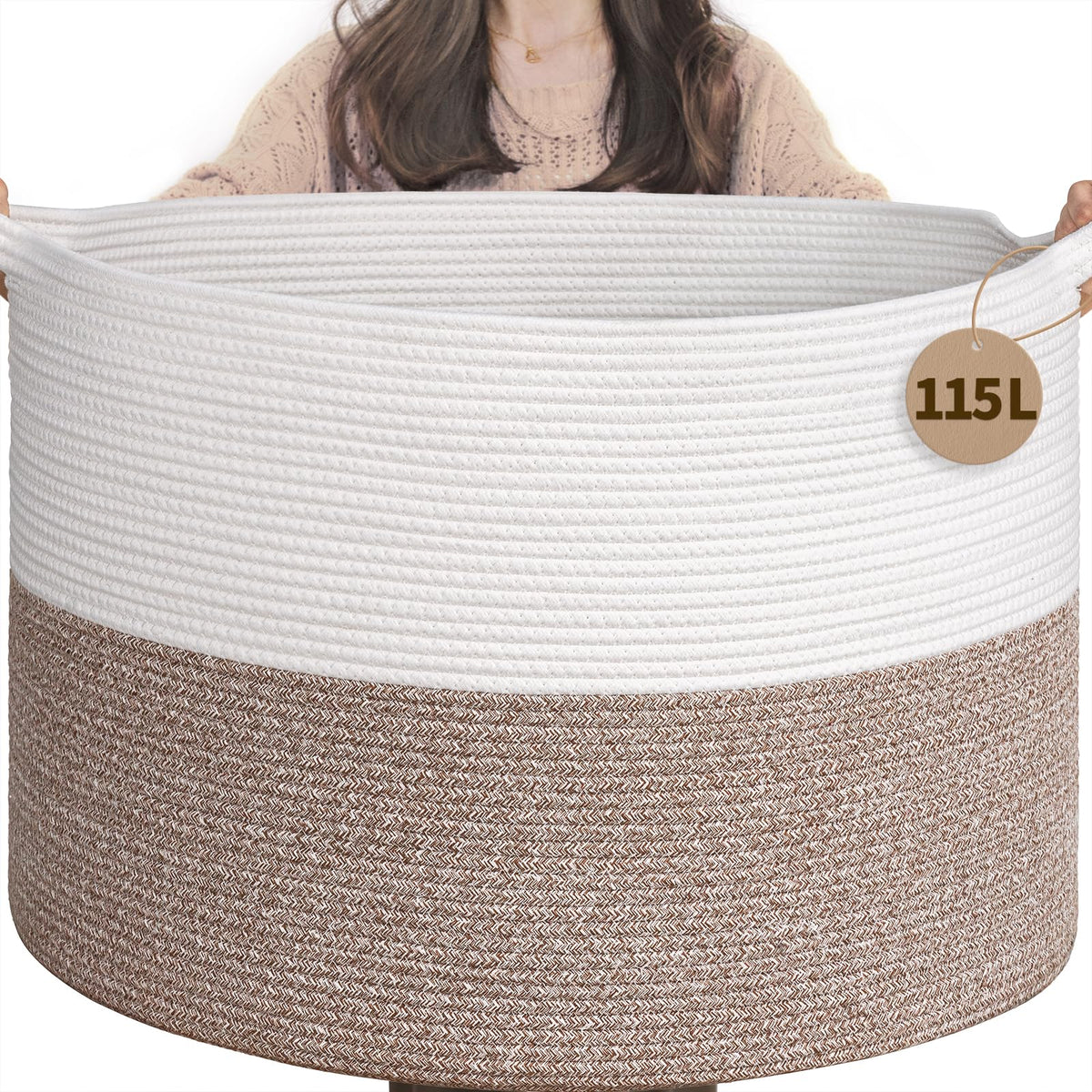 INDRESSME XXXLarge Woven Rope Blanket Basket Living Room Brown, 90L