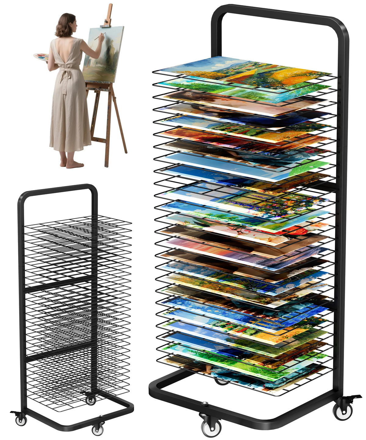 Art Drying Rack with 25 Removable Shelves, Mobile Metal Paint Drying Stand with Lockable Wheels, Functional Canvas Rack Art Storage for Artwork in Classrooms, Art Studios and Schools, Black