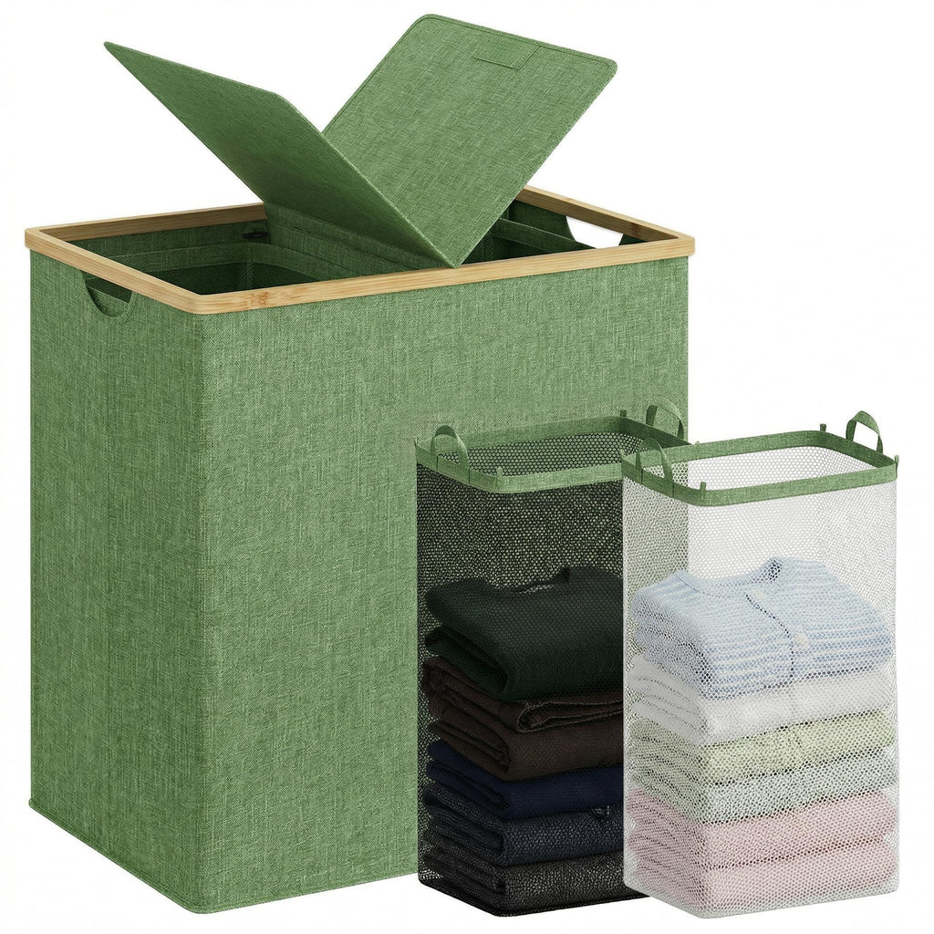 efluky Double Laundry Hamper with Lid and 2 Removable Bags, Beige