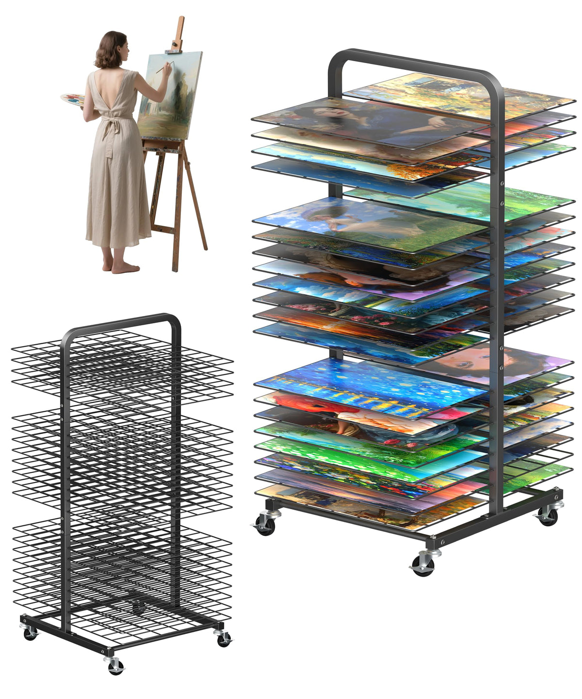 Art Drying Rack with 25 Removable Shelves, Mobile Metal Paint Drying Stand with Lockable Wheels, Functional Canvas Rack Art Storage for Artwork in Classrooms, Art Studios and Schools, Black