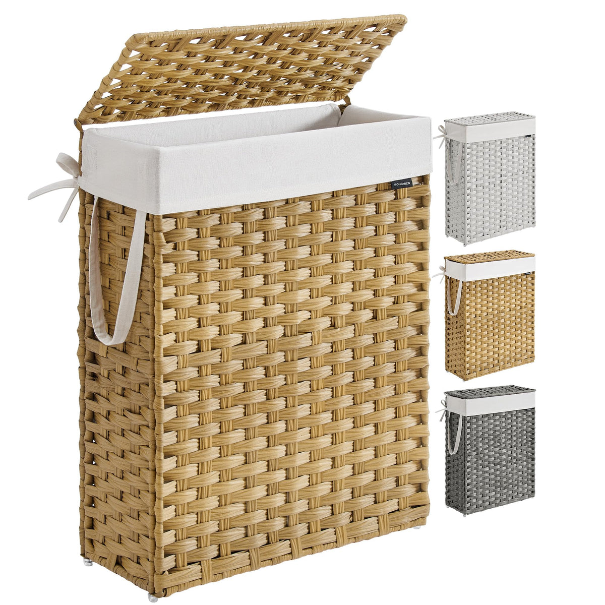 SONGMICS Laundry Hamper with Lid, 17.2 Gallon (65 L) Synthetic Rattan Clothes Laundry Basket with Lid and Handles, Foldable, Removable Liner, Goose Yellow ULCB165N01