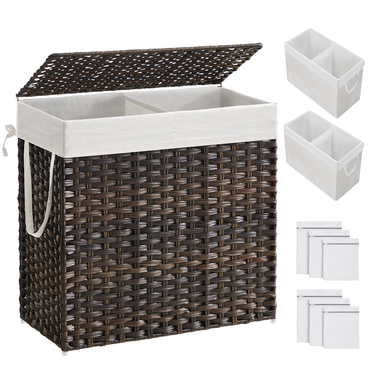 SONGMICS Laundry Hamper with Lid, 130L Double Wicker Basket, 6 Mesh Bags