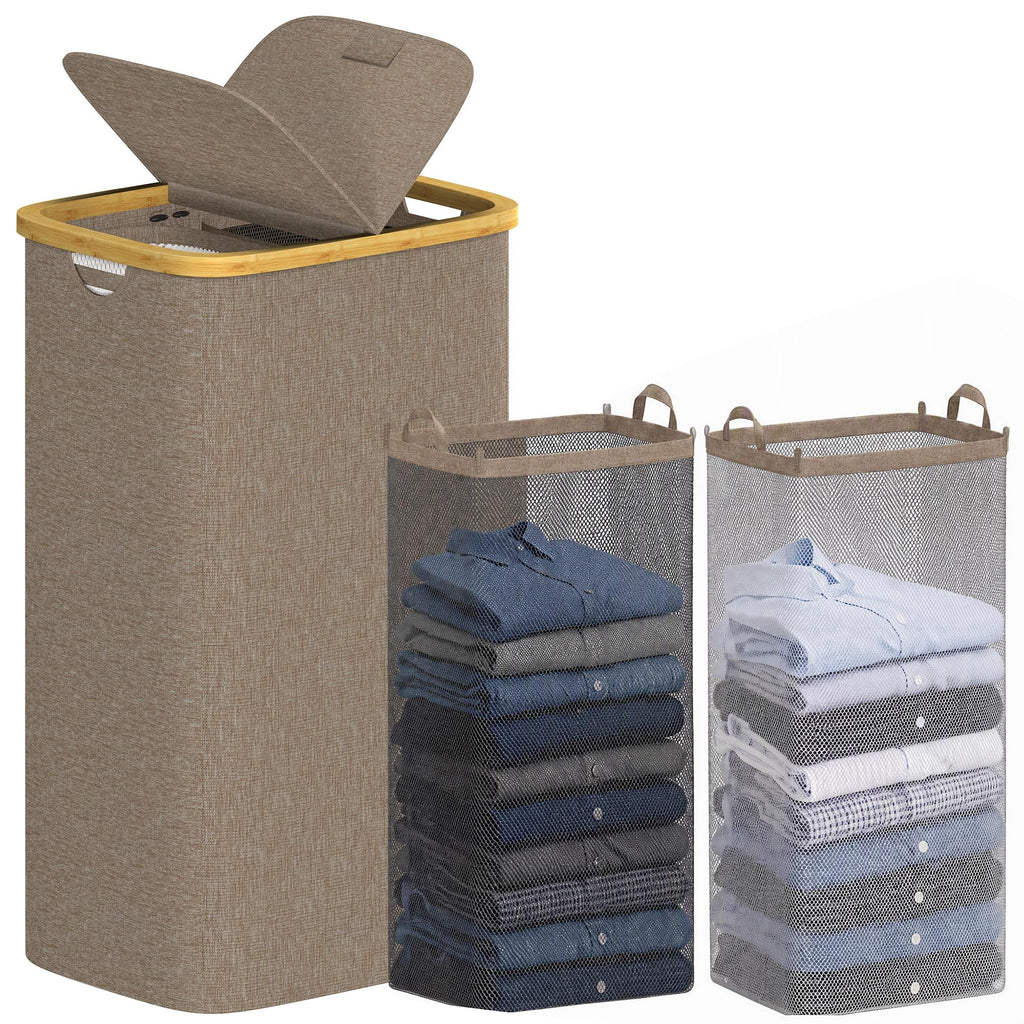 efluky Double Laundry Hamper with Lid and 2 Removable Bags, Beige