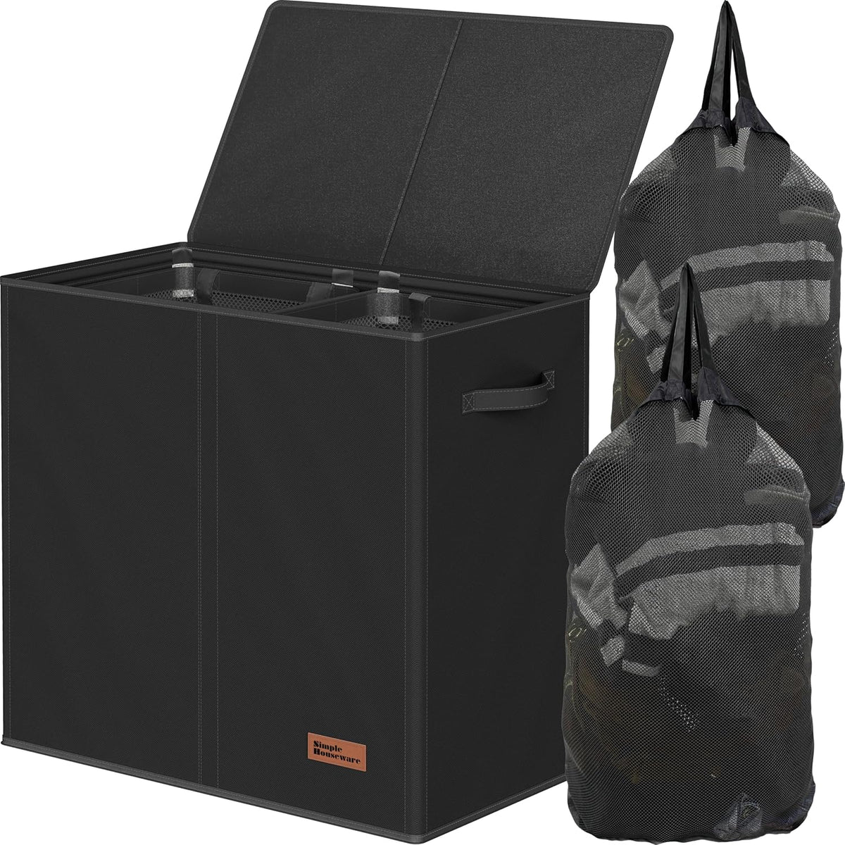 Simple Houseware Double Laundry Hamper with Lid & Removable Bags, Black