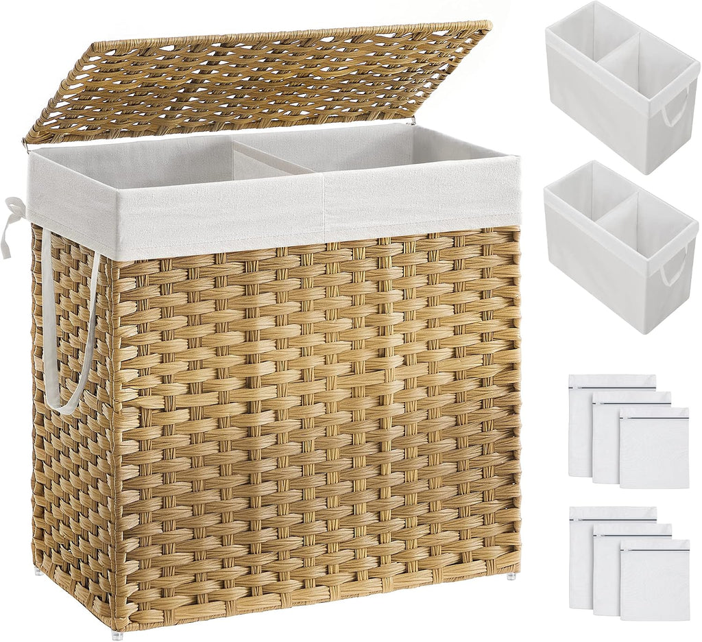 SONGMICS Laundry Hamper with Lid, 130L Double Wicker Basket, 6 Mesh Bags