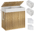 SONGMICS Laundry Hamper with Lid, 130L Double Wicker Basket, 6 Mesh Bags